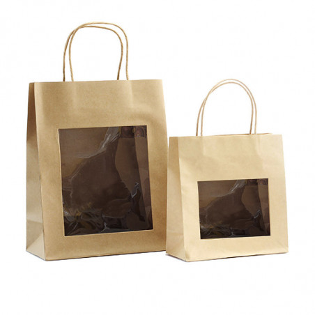 20 Sachets Cadeaux Kraft Avec Fenêtre - 12x6x16cm Poignées - Pour Bonbons, Biscuits, Petits Cadeaux